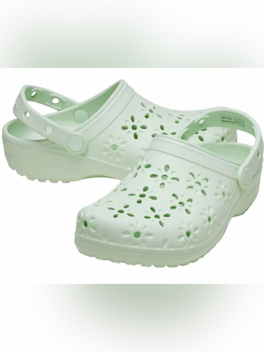CROCS 💚 floral laser cut Light Mint Foam Clogs with Flower Cutouts NWT - Picture 1 of 8